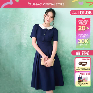 Đầm nữ A xòe xanh đen thiết kế cổ bâu trắng có túi công sở đi chơi thời trang GUMAC LDE0821