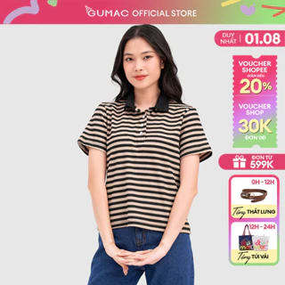 Áo thun polo nữ sọc ngang thun gân mềm nhiều màu be nâu đen xám thời trang GUMAC ATC08054