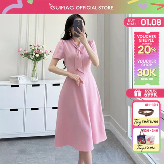 Đầm nữ A xòe màu hồng thiết kế cổ cách điệu cà vạt tôn dáng thanh lịch thời trang GUMAC LDF0303