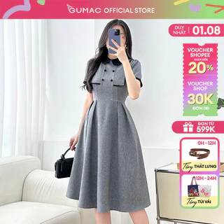 Đầm nữ A xòe màu xám phối lá cổ đen vải bố cotton tiểu thư thanh lịch thời trang GUMAC LDF0507