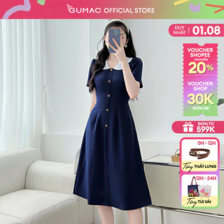 Đầm nữ dáng A xòe phối bâu trắng đính nút xanh đen tôn dáng sáng da thời trang GUMAC LDD1214