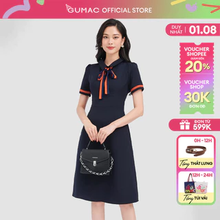 Đầm A nẹp tay phối nơ cổ thanh lịch thiết kế công sở đi chơi dạo phố thời trang GUMAC LDE0614