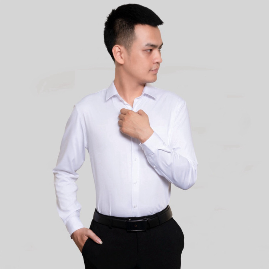 Áo sơ mi dài tay nam Thái Hoà 993 chất liệu sợi tre trơn thiết kế công sở hai màu xanh trắng | BigBuy360 - bigbuy360.vn