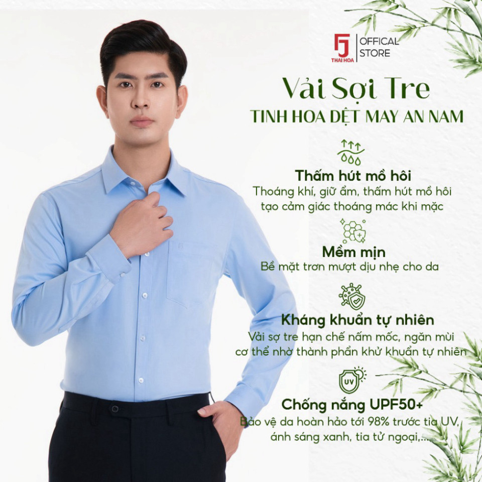 Áo sơ mi dài tay nam Thái Hoà 993 chất liệu sợi tre trơn thiết kế công sở hai màu xanh trắng | BigBuy360 - bigbuy360.vn