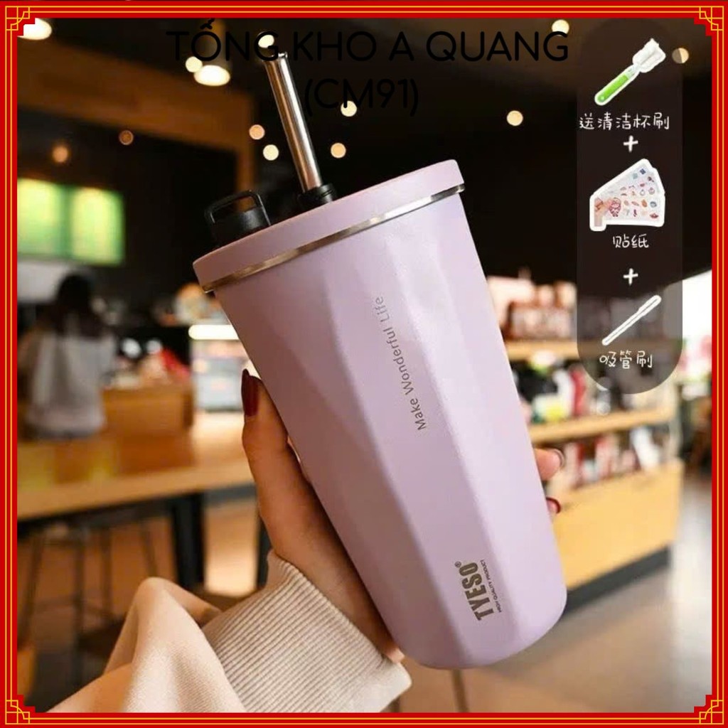 Ly bình nước giữ nhiệt 600ml màu phối phong cách - Cốc giữ nhiệt nóng lạnh kèm ống hút cao cấp - MA:LY009