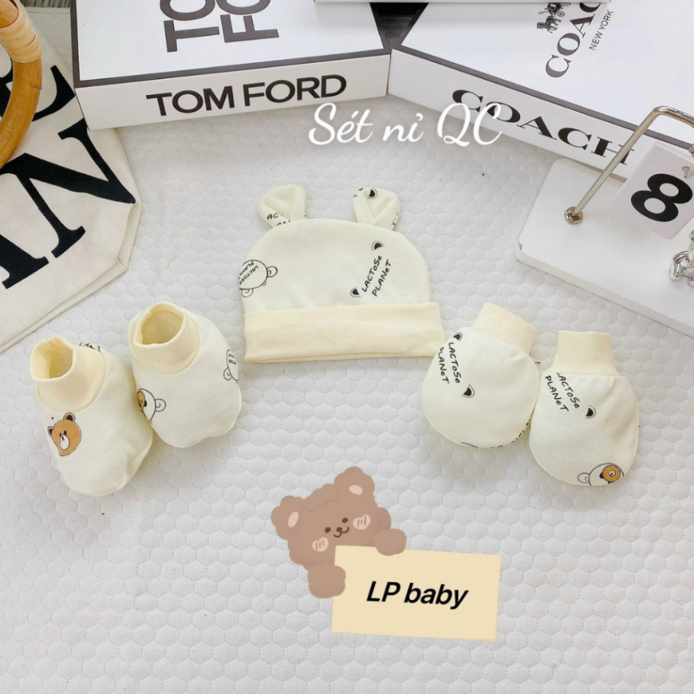 Set Mũ Bao Tay Bao Chân size 0- 3 tháng LP Cho Bé - Thun Lạnh mềm mịn, thoáng mát co giãn in họa tiết