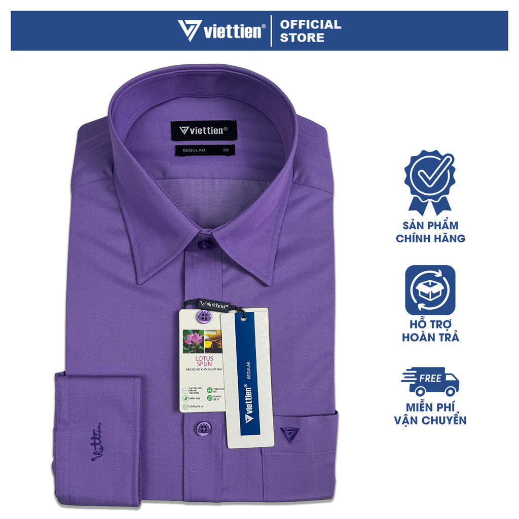 VIỆT TIẾN SALE - Áo Sơ Mi Nam VIETTIEN Tay Dài Màu Tím Violet Trơn, Form Regular Lai Bầu Công Sở
