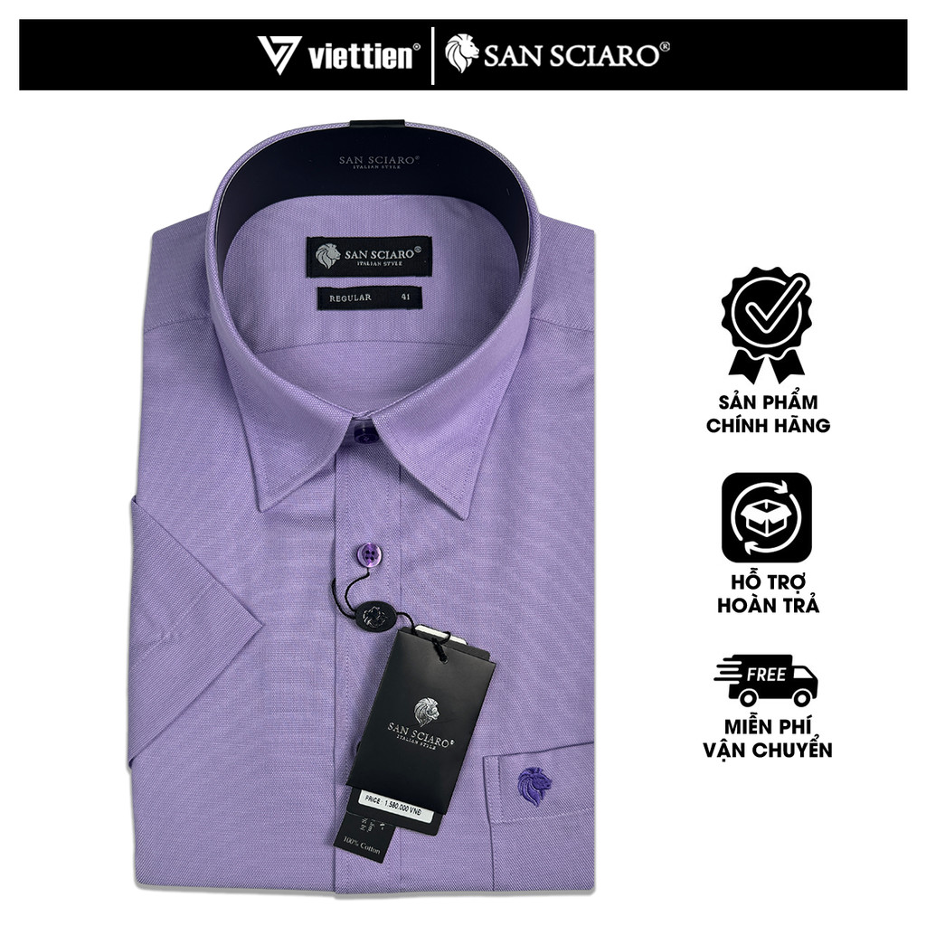 SAN SCIARO - Áo Sơ Mi Nam Tay Ngắn Màu Tím Violet Caro, Form Regular Lai Bầu, Việt Tiến Cao Cấp