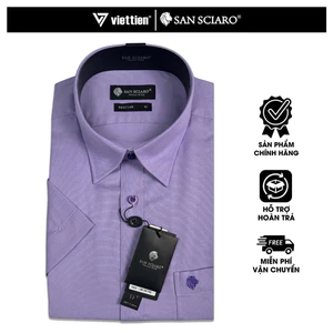 SAN SCIARO - Áo Sơ Mi Nam Tay Ngắn Màu Tím Violet Caro, Form Regular Lai Bầu, Việt Tiến Cao Cấp