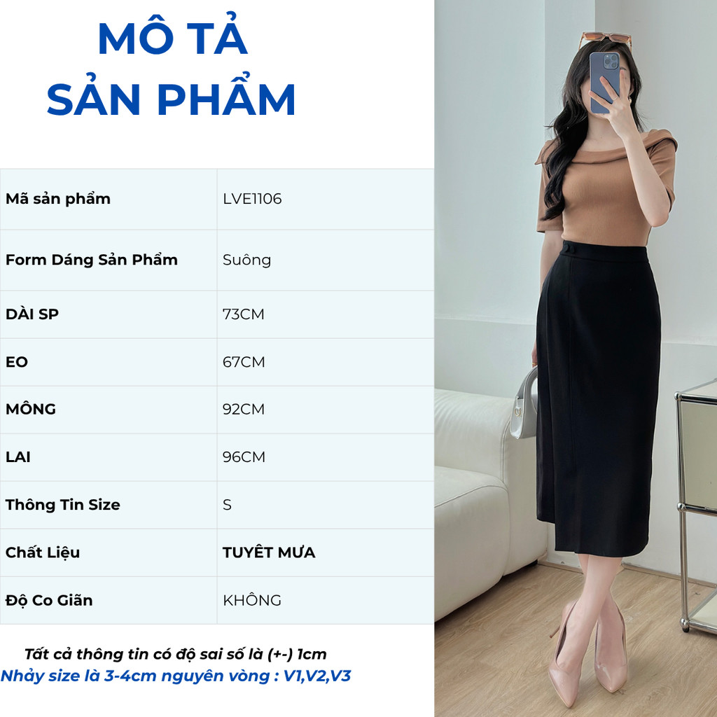 Chân Váy Bút Chì GUMAC Dáng Suông Xẻ Sau Phối Tà Đắp Trước Đính Nút Bọc Tôn Dáng LVE1106