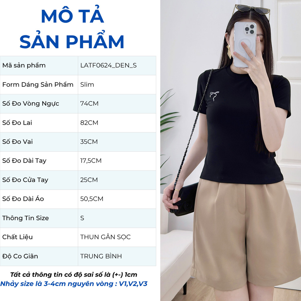 Áo Thun Nữ Kiểu Dáng Ôm Slimfit Cổ Tròn Thêu Nơ Chất Thun Gân Sọc Co Giãn Thoáng Mát Thời Trang GUMAC LATF0624