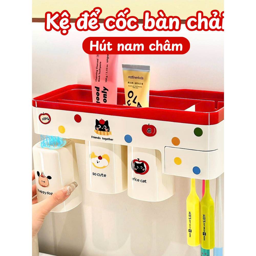 Kệ Đựng Bàn Chải Đánh Răng Treo Tường Kèm Cốc Hút Từ Tính DinoHome, Kệ Dán Nhà Tắm Đa Năng Tiện Lợi
