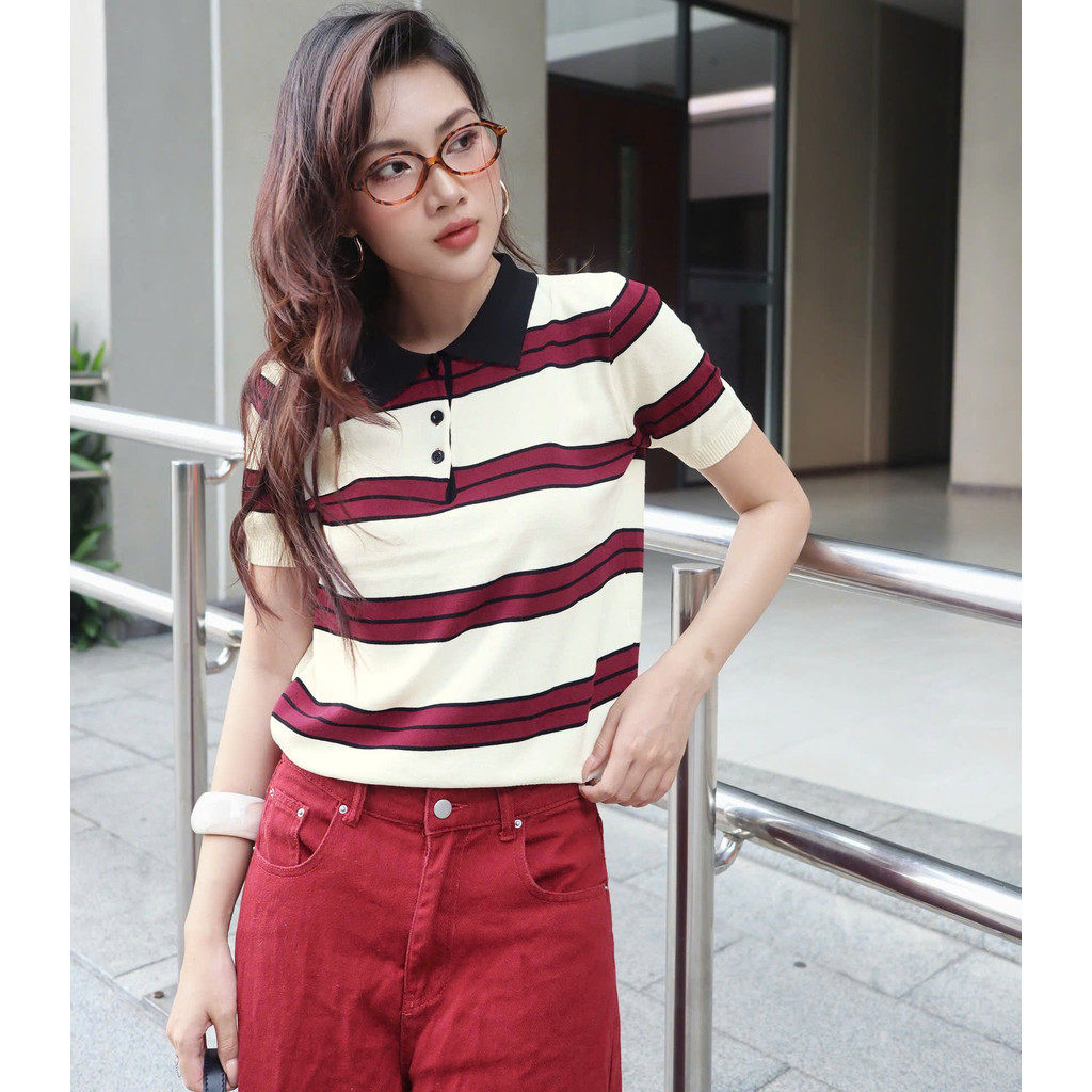 Áo Len Mirage Cổ Kem Sọc Đỏ Local Brand Chất Len Mongtoghi Mềm Mịn Thoáng Mát.