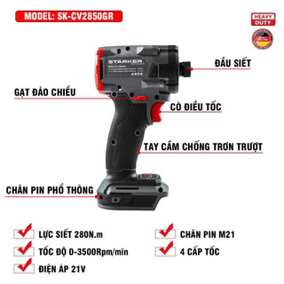 Máy chuyên vít pin STARKER SK-CV2850GR, Lực siết 280NM, Không chổi than, 4 Cấp tốc độ, Chân pin phổ thông