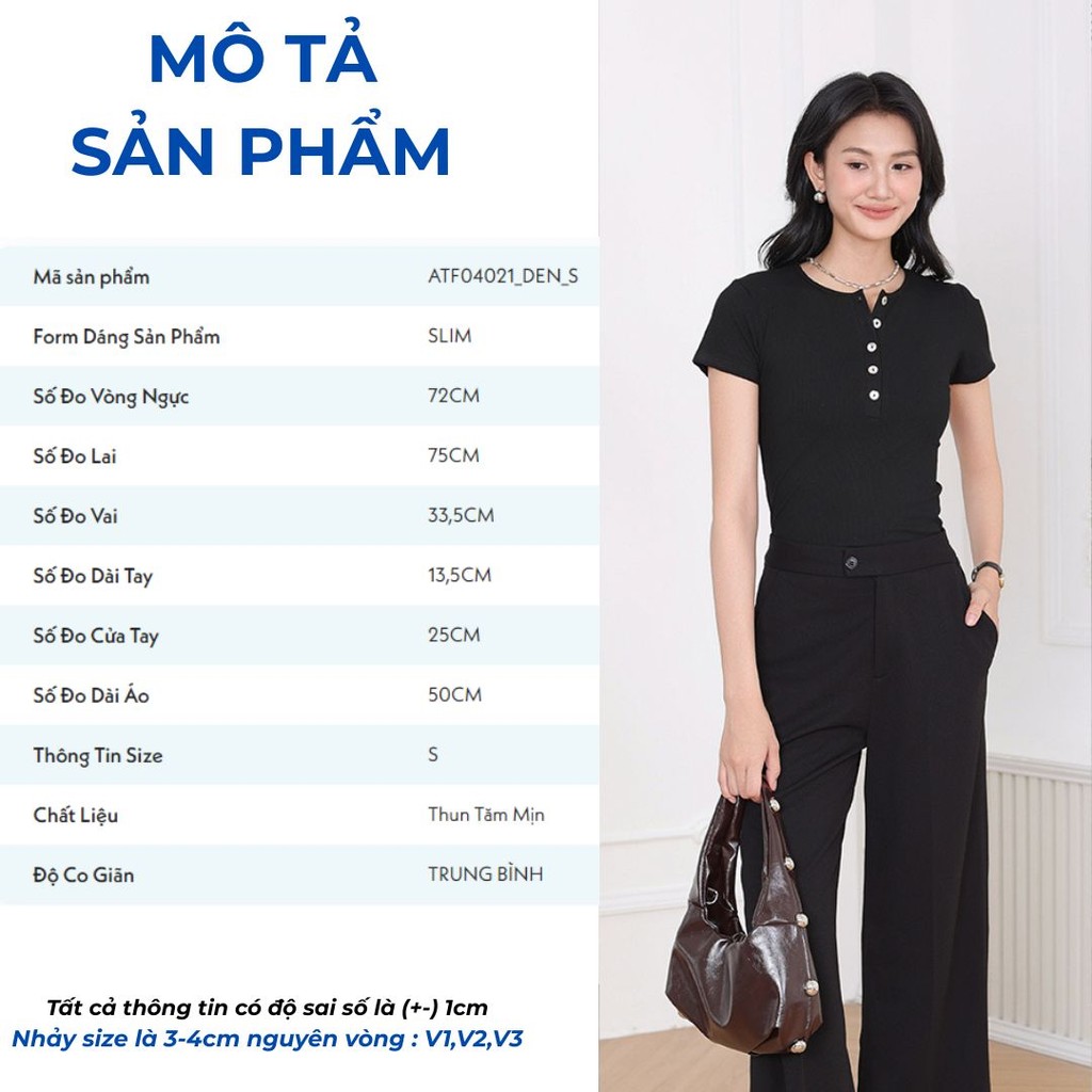 Áo Thun Nữ GUMAC Form Slim Cổ Tròn Đính Nút Xà Cừ Co Giãn Thoải Mái ATF04021