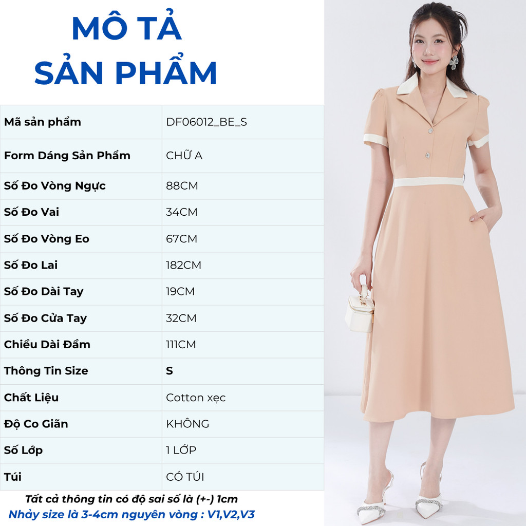 Đầm Nữ Dáng A Xòe GUMAC Cổ Danton Phối Viền Trắng Cách Điệu Chất Cotton Xẹc Mềm Mát DF06012