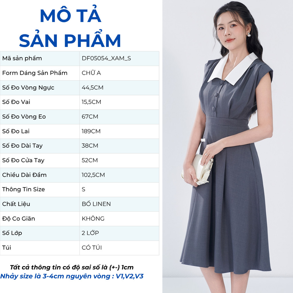 Đầm Nữ Dáng A Xòe GUMAC Có Đệm Vai Kèm Chất Linen Bố Đứng Form Phối Lá Cổ Trắng Thanh Lịch DF05054
