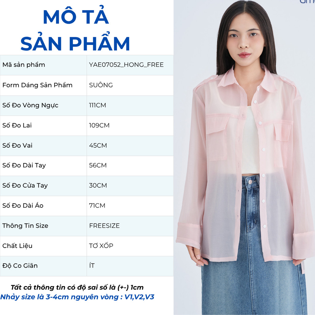 Áo Sơ Mi Nữ Tay Dài GMORNING - GUMAC Form Suông Rộng Chất Tơ Xốp Trong Suốt Có Túi YAE07052