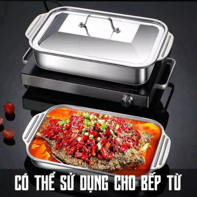 Khay Inox Đa Năng Đựng Thức Ăn Có Nắp, Khay Bảo Quản Đồ Ăn Hấp Cá Nấu Canh Làm Bánh Dùng Cho Mọi Loại Bếp