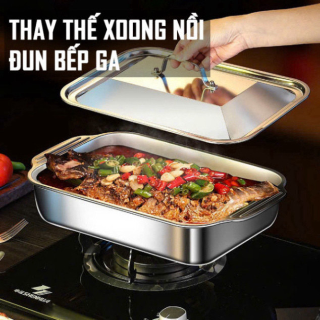 Khay Inox Đa Năng Đựng Thức Ăn Có Nắp, Khay Bảo Quản Đồ Ăn Hấp Cá Nấu Canh Làm Bánh Dùng Cho Mọi Loại Bếp