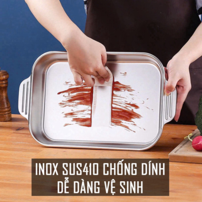 Khay Inox Đa Năng Đựng Thức Ăn Có Nắp, Khay Bảo Quản Đồ Ăn Hấp Cá Nấu Canh Làm Bánh Dùng Cho Mọi Loại Bếp