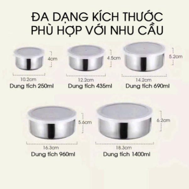 Set 5 Thố Inox Có Nắp Tiện Dụng, Hộp Đựng Cơm Giữ Nhiệt Bảo Quản Thực Phẩm, Hộp Cơm Văn Phòng