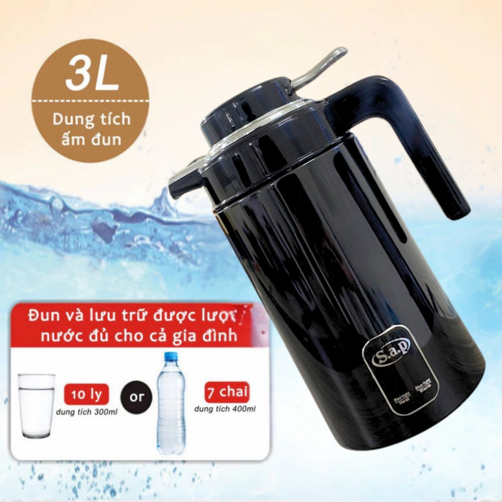 Ấm siêu tốc giữ nhiệt Sap dung tích 3L, công suất lớn 1500W sôi nhanh bảo hành 12 tháng.