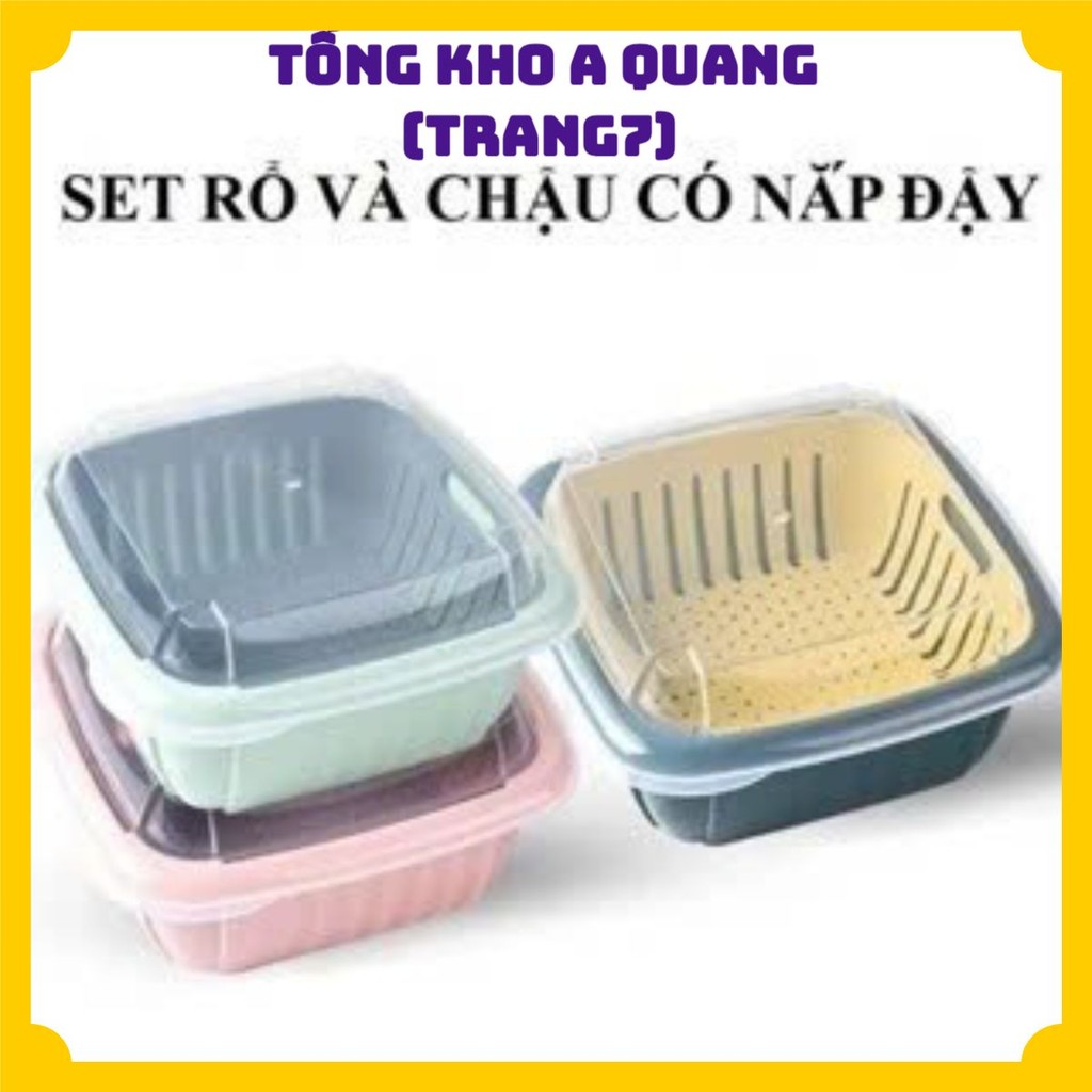 SET RỔ NHỰA KÈM CHẬU CÓ NẮP ĐẬY - Bộ Rổ Nhựa Kèm Chậu 2in1 Có Nắp Đậy Tiện Dụng,Set Thau Đựng Rau Củ Có Nắp Tiện Lợi