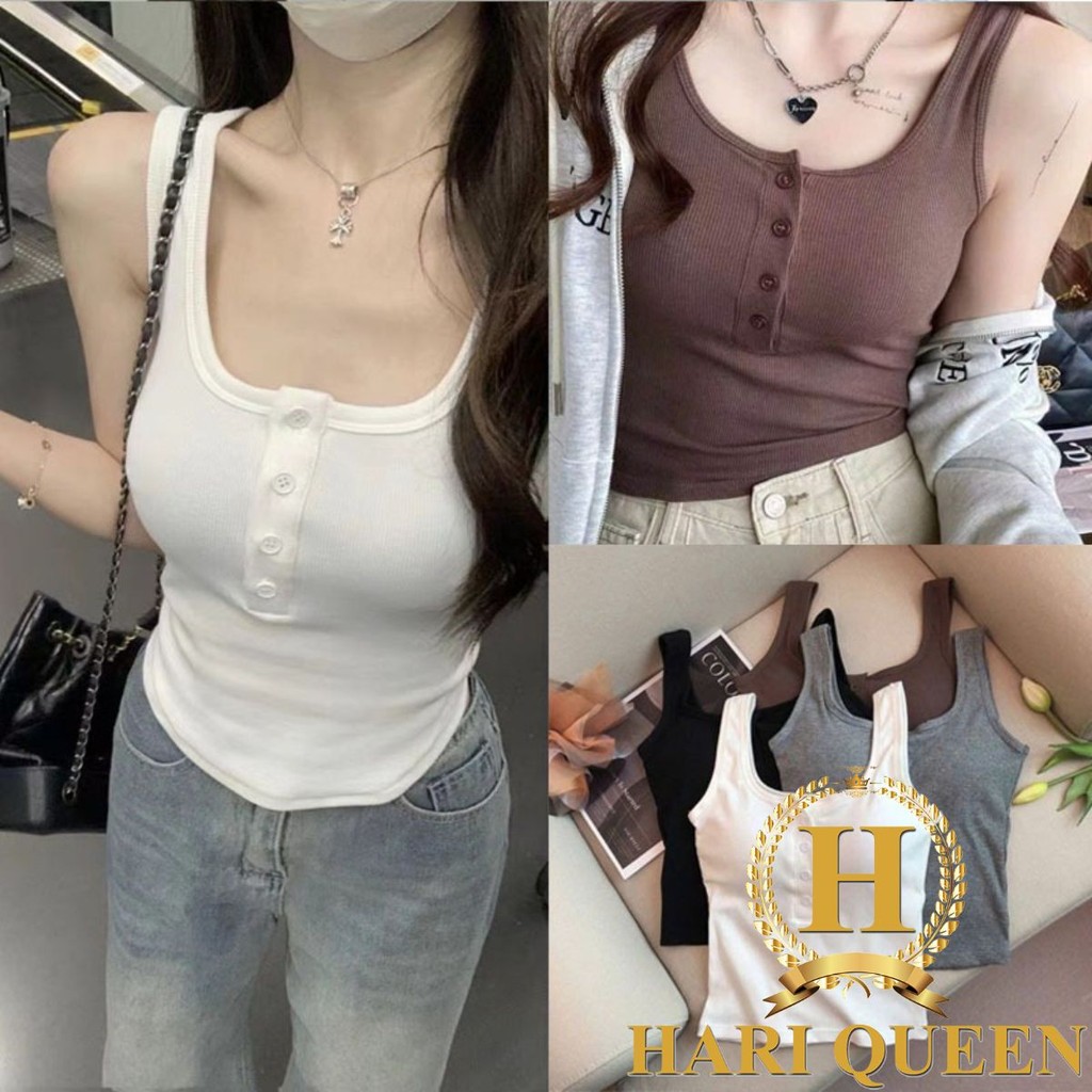 Áo Ba Lỗ Nữ Khuy Cài Kèm Mút Ngực HARIQUEEN - Áo Croptop 2 Dây Bản To Kiểu Dáng Trẻ Trung (Freesize dưới 52Kg)