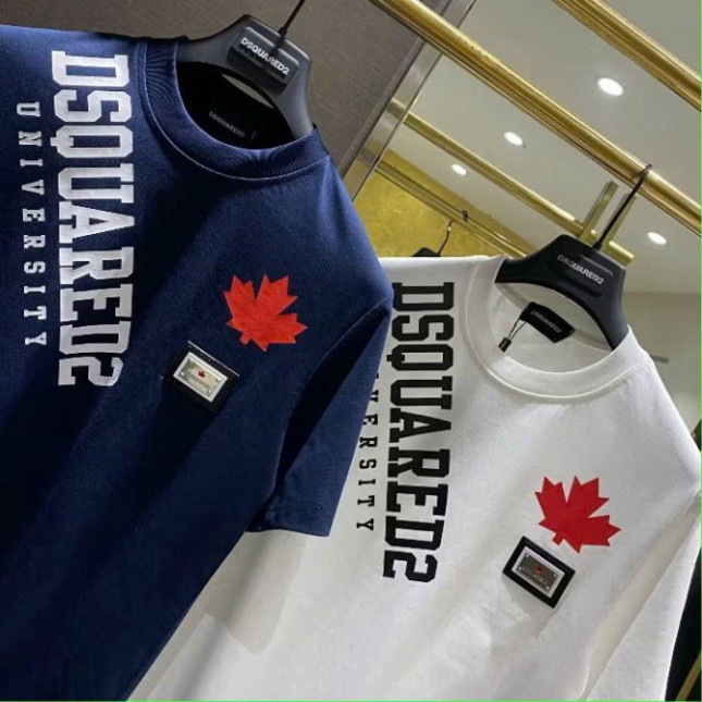 Áo Phông Nam Nữ Boy Phố DSQUARED2 Vắt Vai Cổ Tròn Ngắn Tay Chất Cotton Premium In Hình Lá Phong Nhỏ Ở Ngực New 2025
