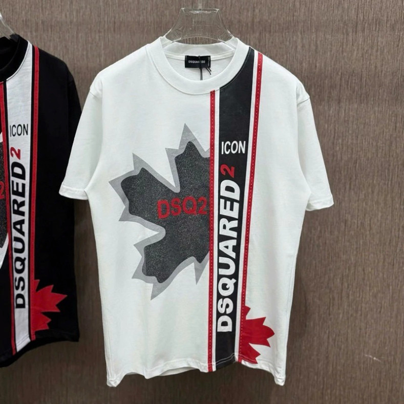 Áo Phông Nam Boy Phố Dsquared2 Cổ Tròn Ngắn Tay Premium Cao Câp Họa Tiết Dsq Lá Phong Nhũ Kim Tuyến Dọc Thân New 2025