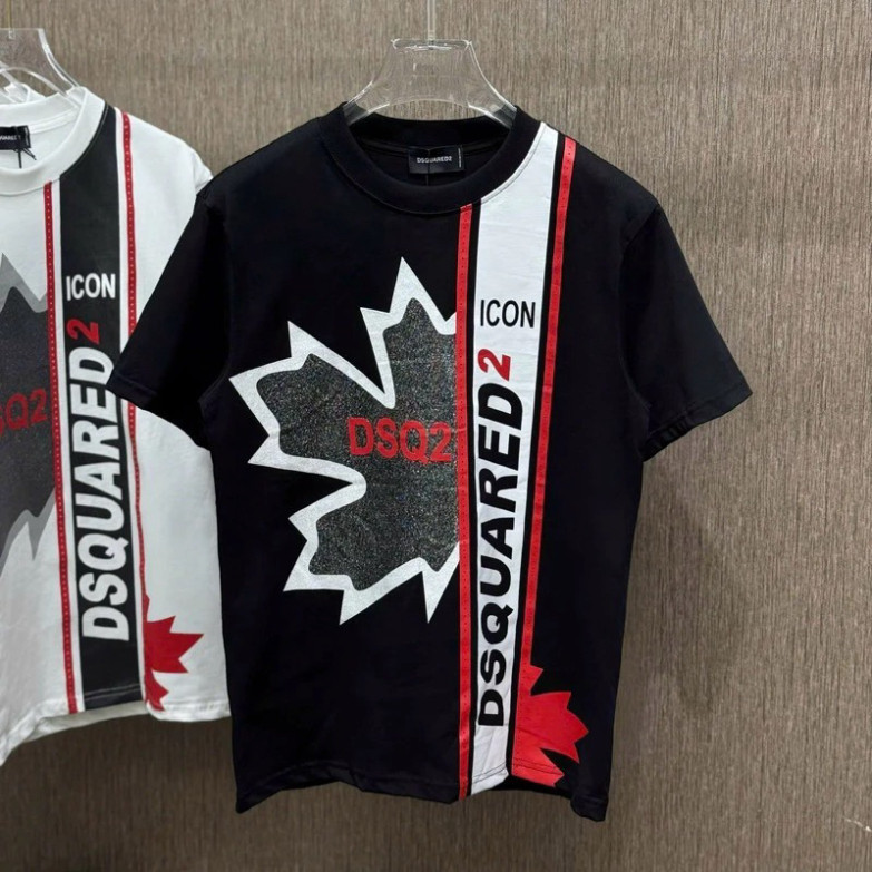 Áo Phông Nam Boy Phố Dsquared2 Cổ Tròn Ngắn Tay Premium Cao Câp Họa Tiết Dsq Lá Phong Nhũ Kim Tuyến Dọc Thân New 2025