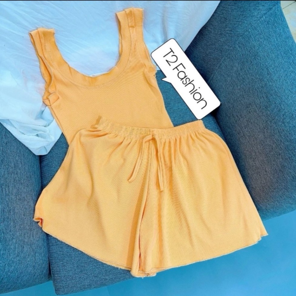 Sét đồ ngủ áo ba lỗ sexxy vải thun tăm co giãn, Bộ ngủ viền bèo BN0086 - HoangKimBra