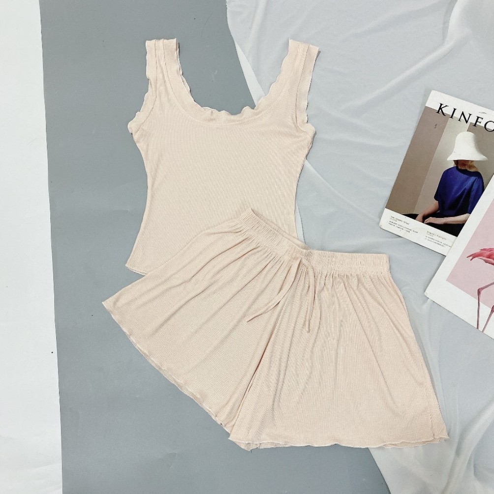 Sét đồ ngủ áo ba lỗ sexxy vải thun tăm co giãn, Bộ ngủ viền bèo BN0086 - HoangKimBra