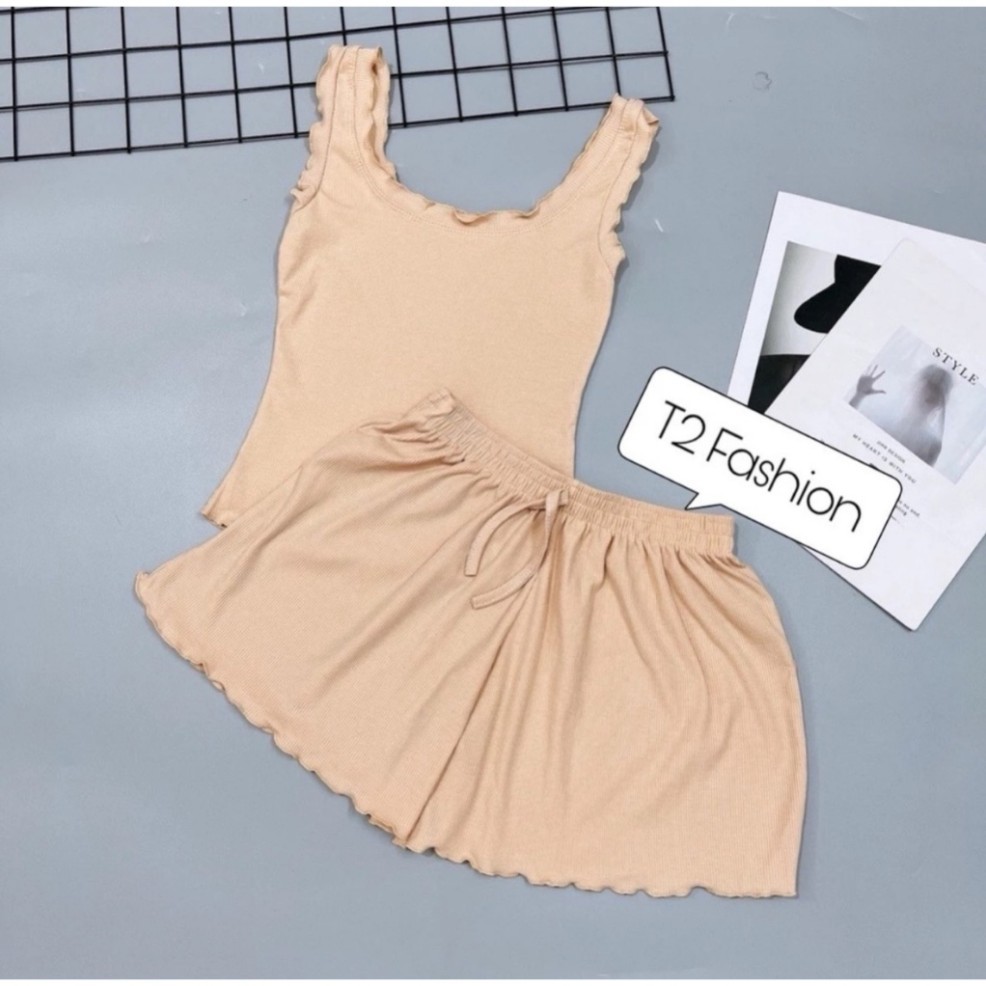 Sét đồ ngủ áo ba lỗ sexxy vải thun tăm co giãn, Bộ ngủ viền bèo BN0086 - HoangKimBra