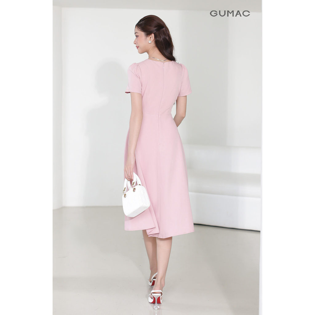 Đầm Nữ Dáng A Xòe GUMAC Cổ Tim Đắp Chéo Đính Hoa Trang Trí Eo Chất Linen Bố Đứng Form DE03017