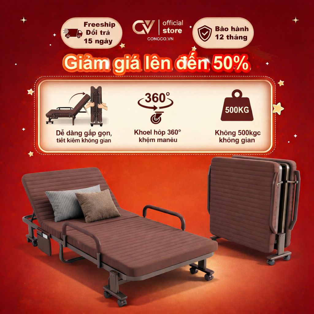 CONOCO Giường gấp văn phòng ngủ trưa đa năng có bánh xe đệm dày êm ái không cần lắp đặt
