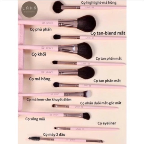 Bộ Cọ Cá Nhân LAKA 12 Cây (Kèm Bao Da), Lông Mềm Bám Phấn Đủ Các Chức Năng