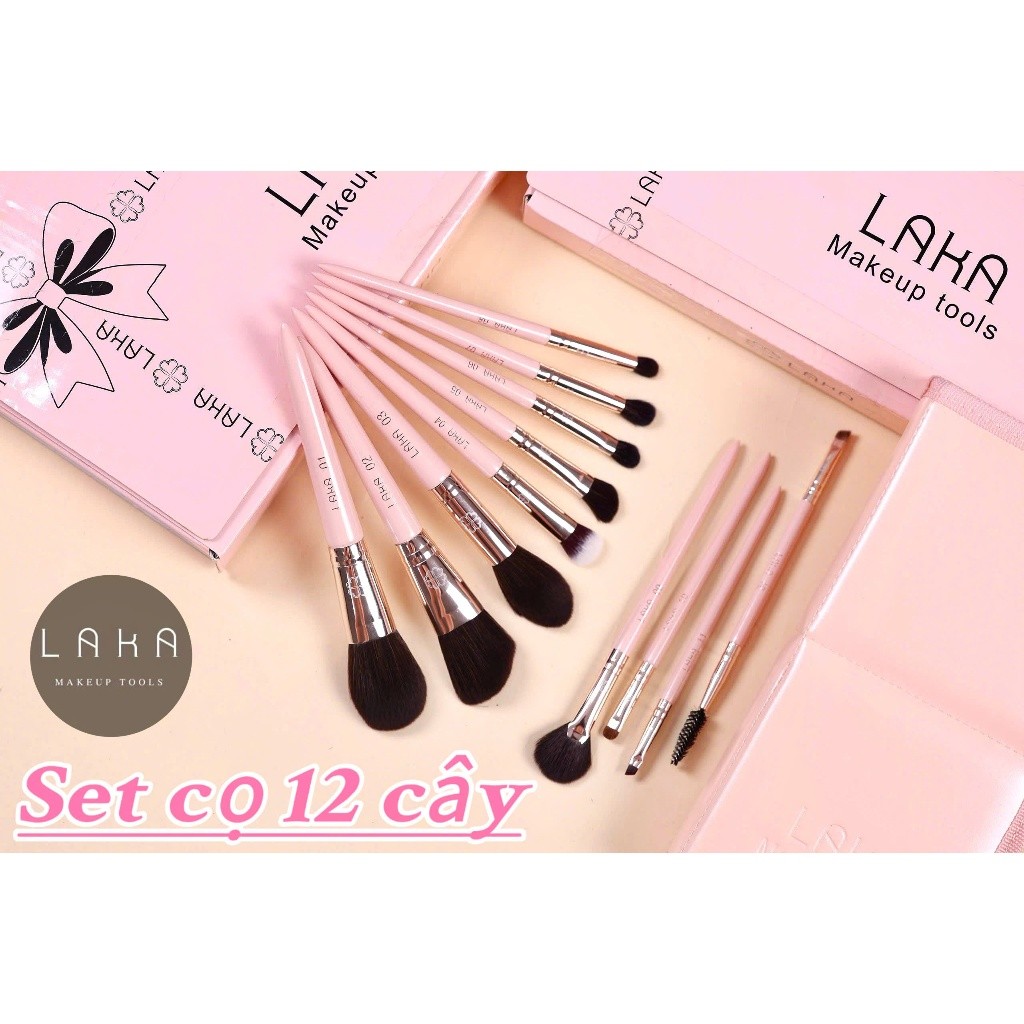 Bộ Cọ Cá Nhân LAKA 12 Cây (Kèm Bao Da), Lông Mềm Bám Phấn Đủ Các Chức Năng