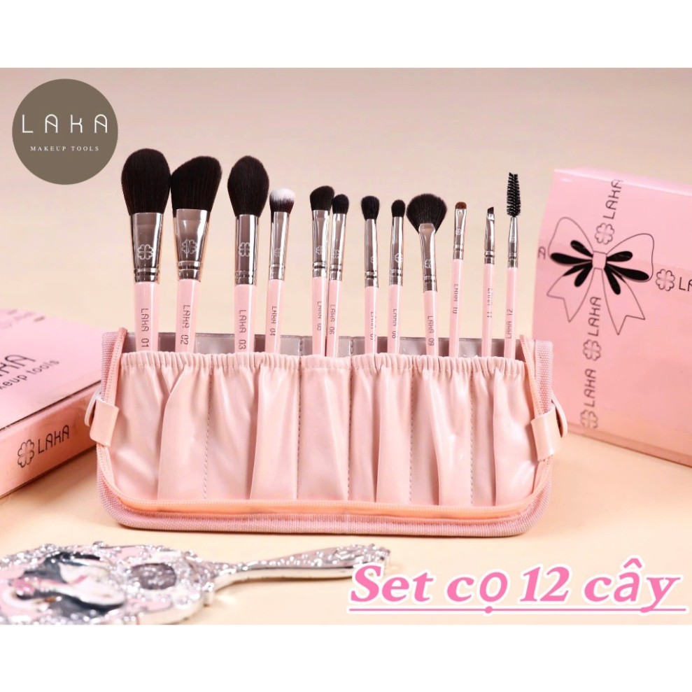 Bộ Cọ Cá Nhân LAKA 12 Cây (Kèm Bao Da), Lông Mềm Bám Phấn Đủ Các Chức Năng