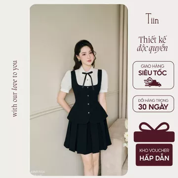 TIINSTORE Áo kiểu nữ yếm cổ đức thắt nơ dáng áo peplum nữ tính thanh lịch AHN1060