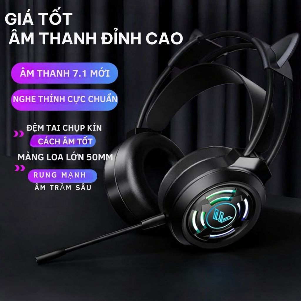 Tai nghe chụp tai máy tính GAMING 7.1 có đèn LED, có mic đàm thoại, headphone chơi game laptop, PC