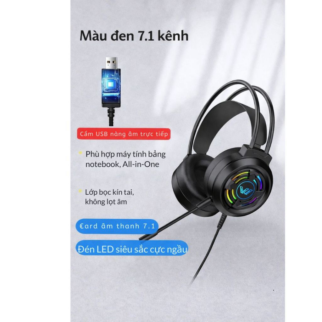 Tai nghe chụp tai máy tính GAMING 7.1 có đèn LED, có mic đàm thoại, headphone chơi game laptop, PC