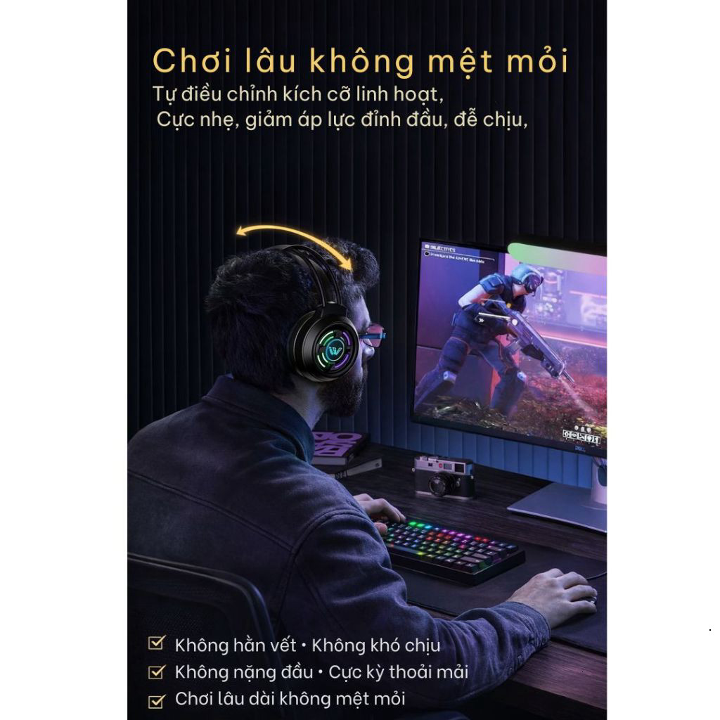 Tai nghe chụp tai máy tính GAMING 7.1 có đèn LED, có mic đàm thoại, headphone chơi game laptop, PC