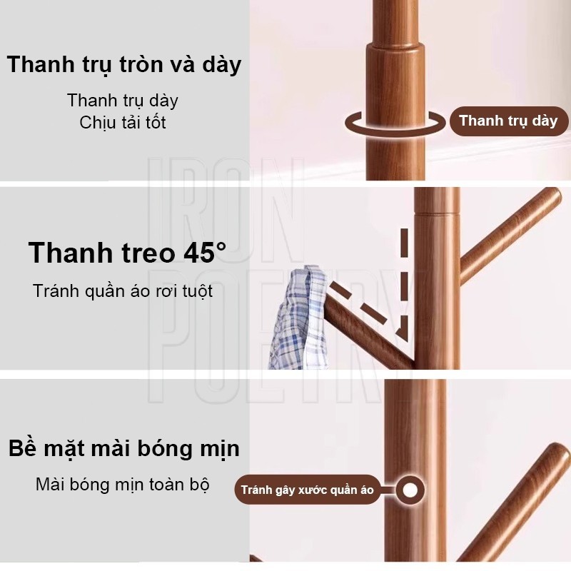 Giá treo quần áo gỗ tự nhiên thông minh cây móc áo đứng đa năng tiết kiệm không gian phòng ngủ