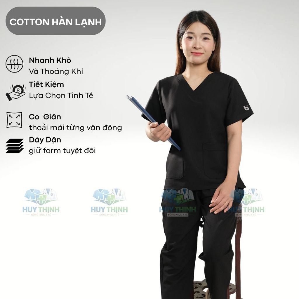 Bộ Scrubs VẢI CAO CẤP cổ tim màu đen, quần áo bác sỹ phòng khám, phòng mổ, đồng phục Spa, đông phục y tế
