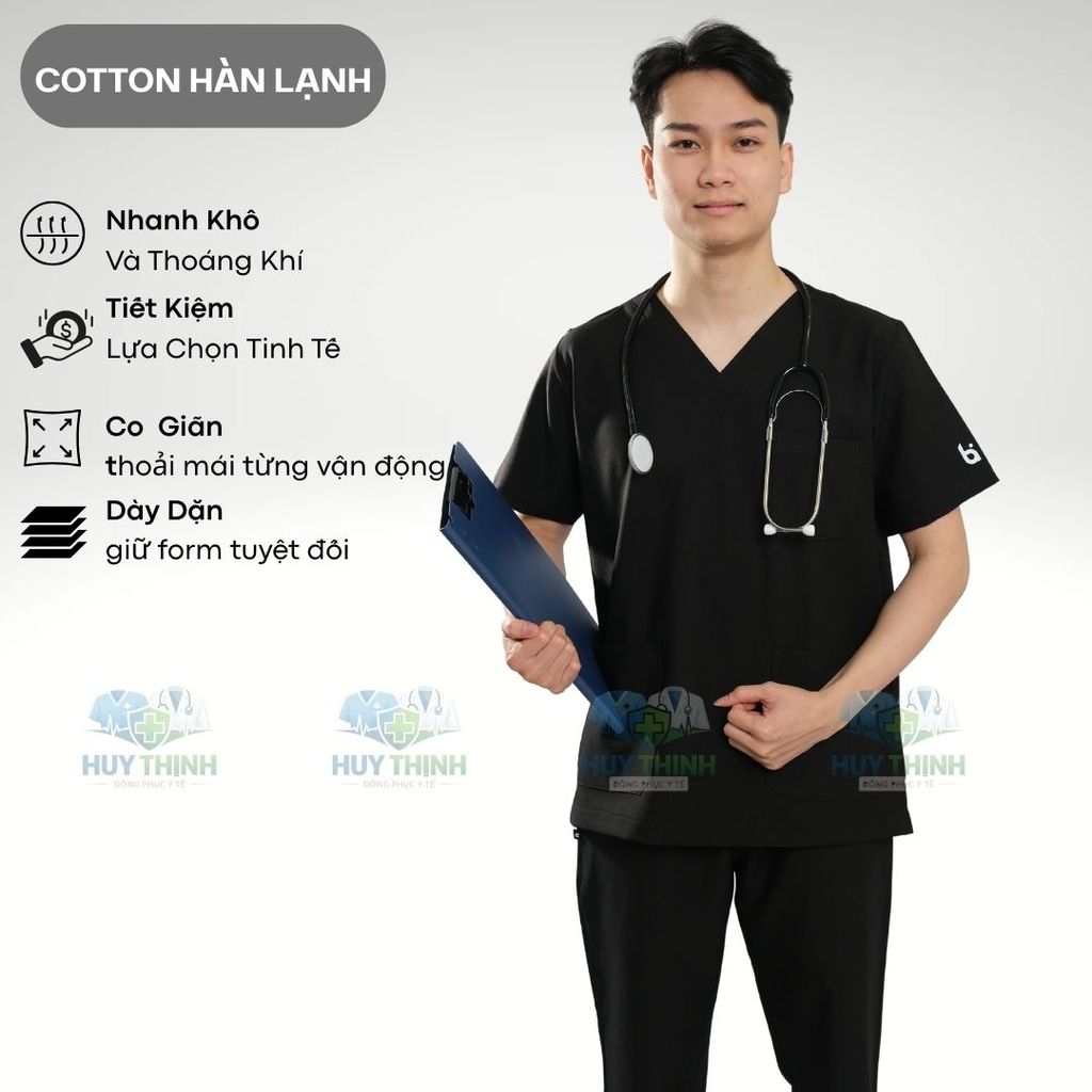 Bộ Scrubs VẢI CAO CẤP cổ tim màu đen, quần áo bác sỹ phòng khám, phòng mổ, đồng phục Spa, đông phục y tế