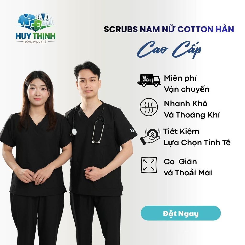 Bộ Scrubs VẢI CAO CẤP cổ tim màu đen, quần áo bác sỹ phòng khám, phòng mổ, đồng phục Spa, đông phục y tế