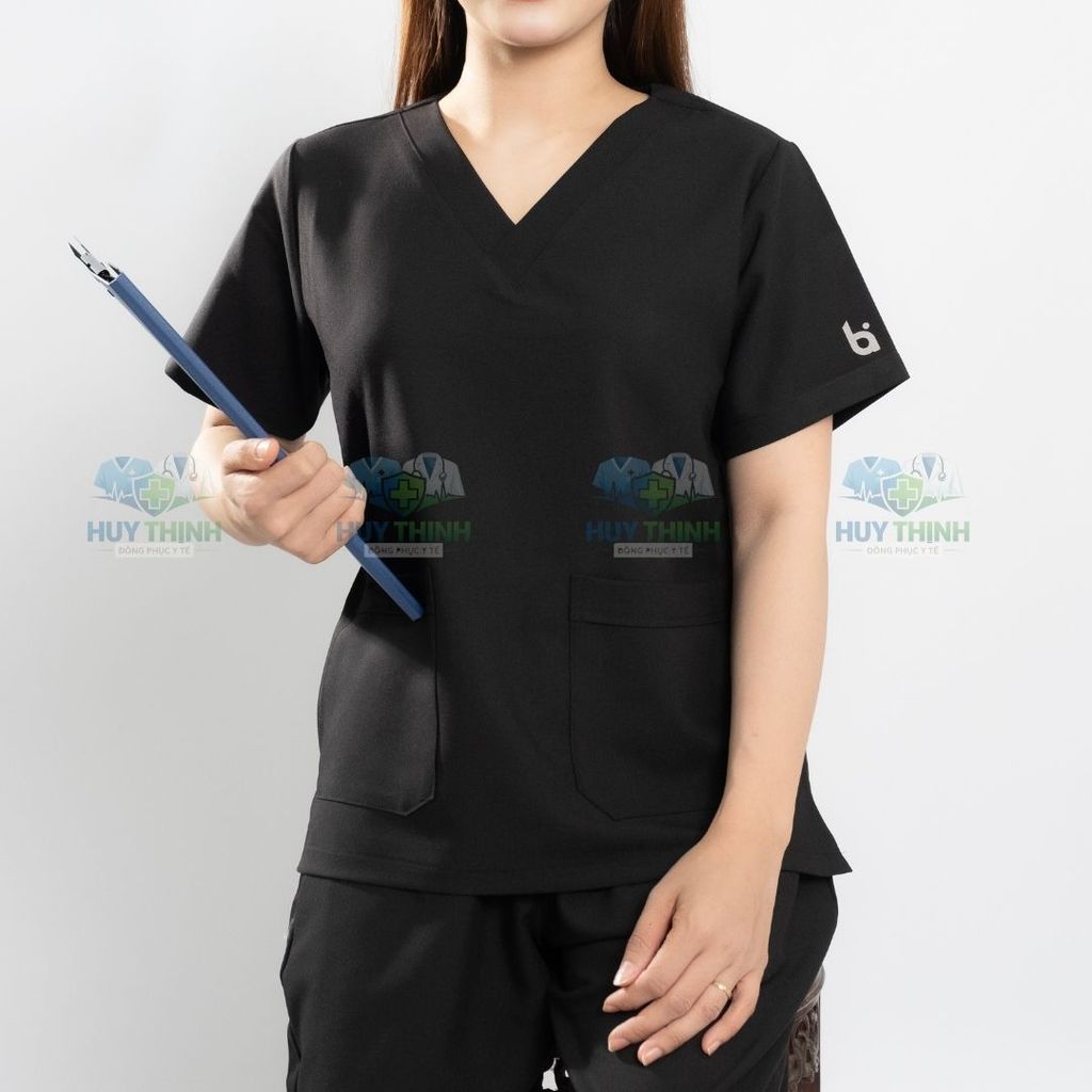 Bộ Scrubs VẢI CAO CẤP cổ tim màu đen, quần áo bác sỹ phòng khám, phòng mổ, đồng phục Spa, đông phục y tế