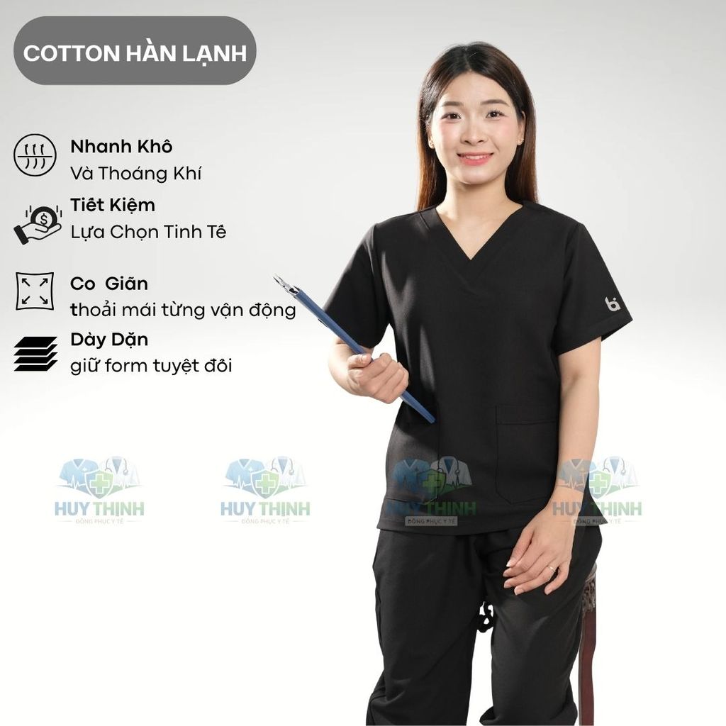Bộ Scrubs VẢI CAO CẤP cổ tim màu đen, quần áo bác sỹ phòng khám, phòng mổ, đồng phục Spa, đông phục y tế